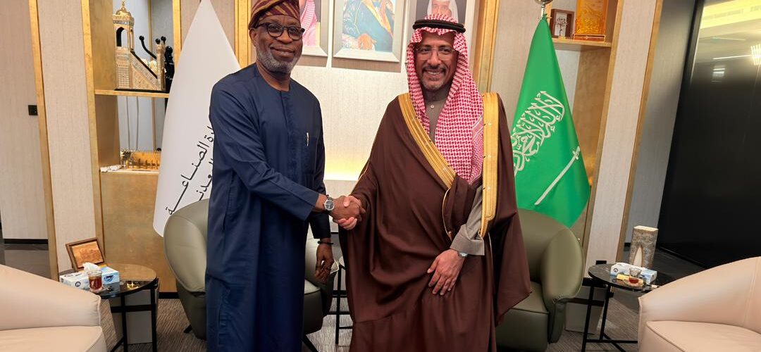 R-L Saudi Arabian Minister of Industry and Mineral Resources, Ibrahim Al-Khorayef; Minister of Solid Minerals Development, Dele Alake during the minister’s courtesy visit to his Saudi Arabian counterpart ahead of the Future Minerals Forum (FMF), Riyadh, Saudi Arabia.