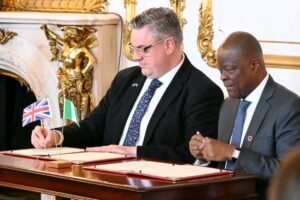 R-L: Minister of Finance and Coordinating Minister of the Economy, Wale Edun and Parliamentary Under-Secretary of State and UK Minister of Small Business and Economic Transformation, Blair McDougall, sign a £746 million financing agreement to modernise Apapa and Tin Can Island ports in Lagos at Lancaster building, London, on Thursday, March 19, 2026.