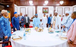 From left: Chief of Staff to the President, Femi Gbajabiamila; Vice President Kashim Shettima; President Bola Ahmed Tinubu; Ooni of Ife, Adeyeye Enitan Ogunwusi; Etsu Nupe, Yahaya Abubakar and President of The Evangelical Church Winning All (ECWA), Dr Stephen Baba-Panya during the interfaith breaking of fast with Traditional Rulers and Religious leaders at the State House, Abuja. Monday, March 9, 2026