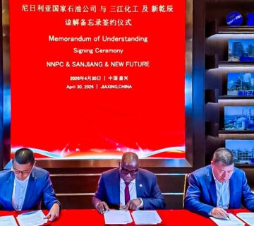 GCEO NNPC Ltd, Bashir Ojulari flanked by the Chairman, Sanjiang Chemical Company, Guan Jianzhong (left) and Chairman, Xinganchen (Fuzhou) Industrial Park Operation and Management Co  Ltd, Bill Bi (right), signing a Memorandum of Understanding for collaboration on Technical Equity Partnership (TEP) in support of the completion and operation of the Port Harcourt and Warri Refineries, in Jiaxing City, China, on Thursday, April 30, 2026 