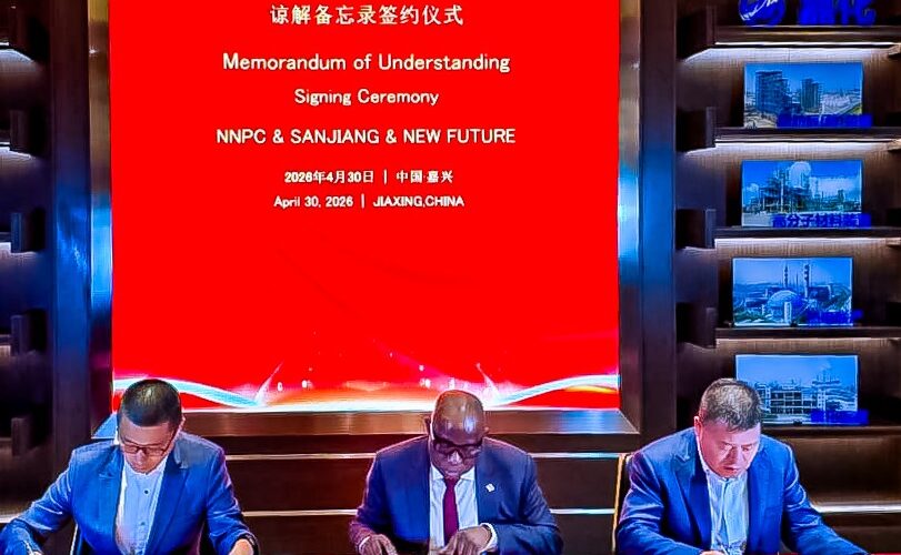 GCEO NNPC Ltd, Bashir Ojulari flanked by the Chairman, Sanjiang Chemical Company, Guan Jianzhong (left) and Chairman, Xinganchen (Fuzhou) Industrial Park Operation and Management Co  Ltd, Bill Bi (right), signing a Memorandum of Understanding for collaboration on Technical Equity Partnership (TEP) in support of the completion and operation of the Port Harcourt and Warri Refineries, in Jiaxing City, China, on Thursday, April 30, 2026 