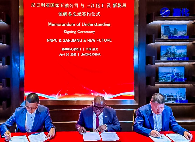 GCEO NNPC Ltd, Bashir Ojulari flanked by the Chairman, Sanjiang Chemical Company, Guan Jianzhong (left) and Chairman, Xinganchen (Fuzhou) Industrial Park Operation and Management Co  Ltd, Bill Bi (right), signing a Memorandum of Understanding for collaboration on Technical Equity Partnership (TEP) in support of the completion and operation of the Port Harcourt and Warri Refineries, in Jiaxing City, China, on Thursday, April 30, 2026 