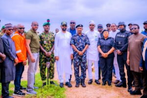 Stakeholders from the NNPC Ltd's Industry Wide Security Architecture (IWSA), Nigerian Pipelines & Storage Company (NPSC), Office of the National Security Adviser (ONSA), FCT Police Command, the Nigerian Army and other security stakeholders, conducting a joint inspection of a vandalised section of the NPSC crude oil pipeline at Pai Community in Kwali Area Council of the FCT, in Abuja, on Tuesday.