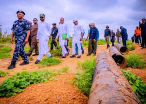 Stakeholders from the NNPC Ltd's Industry Wide Security Architecture (IWSA), Nigerian Pipelines & Storage Company (NPSC), Office of the National Security Adviser (ONSA), FCT Police Command, the Nigerian Army and other security stakeholders, conducting a joint inspection of a vandalised section of the NPSC crude oil pipeline at Pai Community in Kwali Area Council of the FCT, in Abuja, on Tuesday.