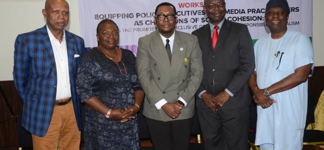 From left to right: Obiorah Chukwumba, Helen Emore, Bell Ihua, Odoh Diego Okenyodo and Olusoji Adeniyi, who were resource persons at the just concluded capacity building workshops for media executives and Media Practitioners organised by the African Polling Institute (API)