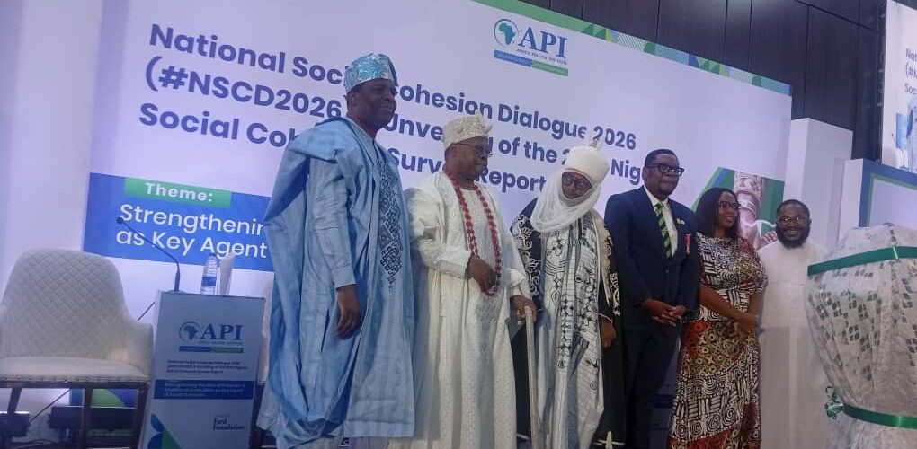From left to right  Olusoji Adeniyi, His Royal Majesty Emir Oba Samuel Adejemi Adu Alagbado, Muktar Bello Rep  Emir Sanusi, Prof  Bell Ihua, Princess Okpanku Ojong and Rev Fr Emmanuel Unamba at the unveiling of the National Cohesion Survey 
