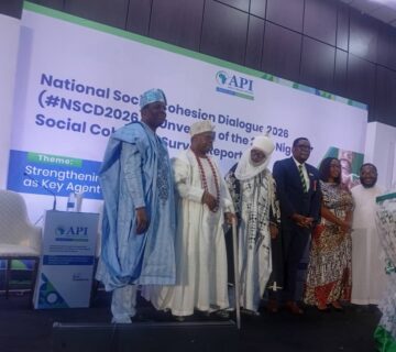 From left to right  Olusoji Adeniyi, His Royal Majesty Emir Oba Samuel Adejemi Adu Alagbado, Muktar Bello Rep  Emir Sanusi, Prof  Bell Ihua, Princess Okpanku Ojong and Rev Fr Emmanuel Unamba at the unveiling of the National Cohesion Survey 