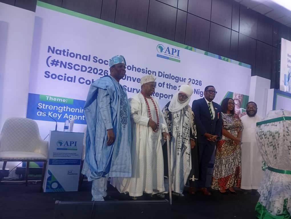 From left to right  Olusoji Adeniyi, His Royal Majesty Emir Oba Samuel Adejemi Adu Alagbado, Muktar Bello Rep  Emir Sanusi, Prof  Bell Ihua, Princess Okpanku Ojong and Rev Fr Emmanuel Unamba at the unveiling of the National Cohesion Survey 