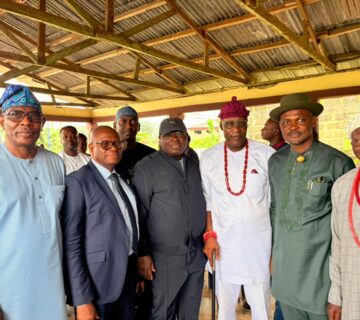 L R: Tunji Akinosi; Permanent Secretary, Akwa Ibom State Ministry of Power, Friday Ido; Jaafaru Yakub; Chairman, House of Representatives Committee on Public Assets, Ademorin Kuye; Village Head of Adiasim Ikot in Essien Udim Local Government Area, Joseph Udo; and Patrick Umoh during the committee's inspection visit to the 330kV Double Circuit Ikot Ekpene–Ikot Abasi Transmission Line Project 