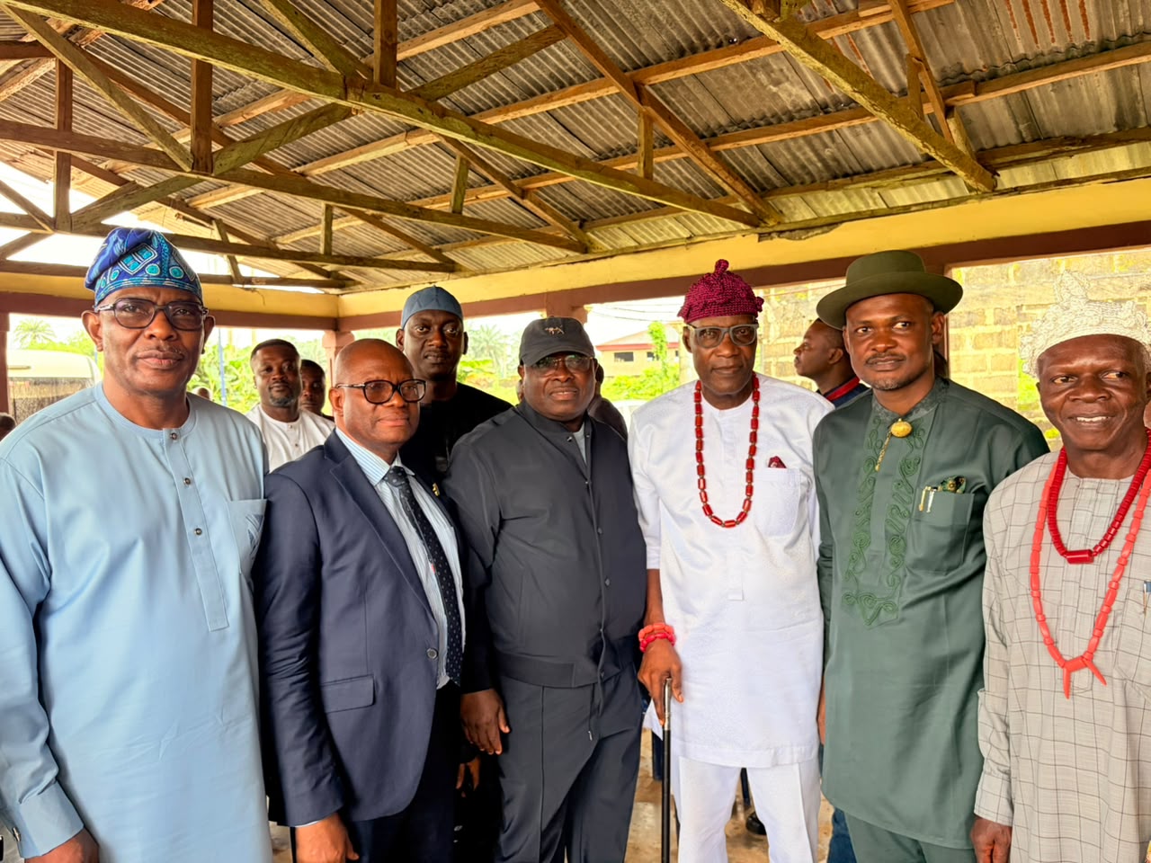 L R: Tunji Akinosi; Permanent Secretary, Akwa Ibom State Ministry of Power, Friday Ido; Jaafaru Yakub; Chairman, House of Representatives Committee on Public Assets, Ademorin Kuye; Village Head of Adiasim Ikot in Essien Udim Local Government Area, Joseph Udo; and Patrick Umoh during the committee's inspection visit to the 330kV Double Circuit Ikot Ekpene–Ikot Abasi Transmission Line Project