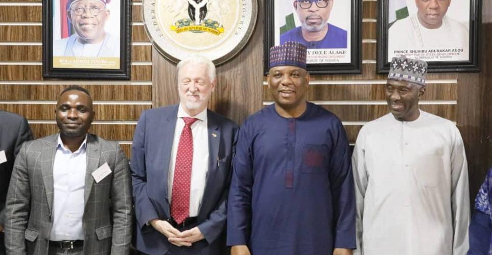 R  L: The Permanent Secretary of the Ministry of Steel Development, Nura Rimi; Minister of Steel Development, Shuaibu Audu; Deputy Ambassador, Embassy of Germany in Nigeria, Johannes Lehne; Head of the German Delegation, Chux Onaa, during the meeting at the Ministry headquarters, Abuja 