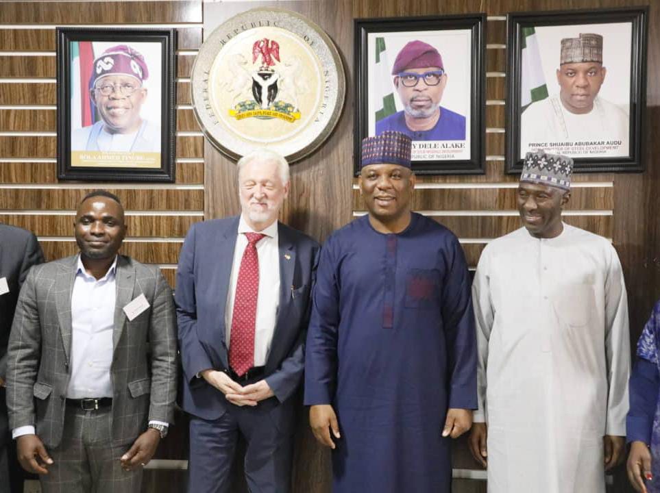 R  L: The Permanent Secretary of the Ministry of Steel Development, Nura Rimi; Minister of Steel Development, Shuaibu Audu; Deputy Ambassador, Embassy of Germany in Nigeria, Johannes Lehne; Head of the German Delegation, Chux Onaa, during the meeting at the Ministry headquarters, Abuja 