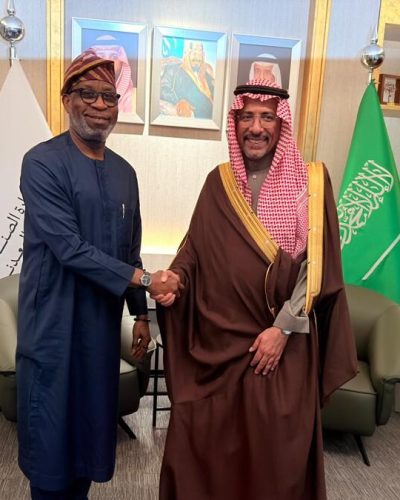 R-L Saudi Arabian Minister of Industry and Mineral Resources, Ibrahim Al-Khorayef; Minister of Solid Minerals Development, Dele Alake during the minister’s courtesy visit to his Saudi Arabian counterpart ahead of the Future Minerals Forum (FMF), Riyadh, Saudi Arabia.