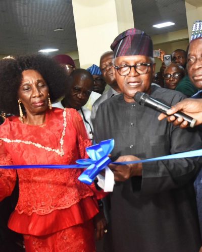 L-R, Vice - Chancellor Federal University Technology (FUTO) Prof. Nnenna N. Oti; President/CE, Dangote Industries Limited / Guest Lecturer on Enterprise, Leadership and service to Humanity, Aliko Dangote;Pro - Chancellor, Federal University of Technology, Owerri (FUTO) Senator Jack Tilly - Gyado; During the Commissioning of ACE - FUELS Laboratory by President/CE, Dangote Industries Limited / Guest Lecturer, before Lecture on Enterprise, Leadership and service to Humanity, at the 37th Public Lecture of Federal University Technology (FUTO) in Owerri Imo state on Saturday 25th April 2026.