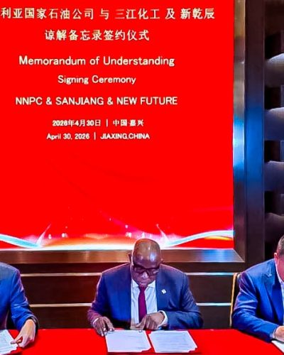 GCEO NNPC Ltd, Bashir Ojulari flanked by the Chairman, Sanjiang Chemical Company, Guan Jianzhong (left) and Chairman, Xinganchen (Fuzhou) Industrial Park Operation and Management Co. Ltd, Bill Bi (right), signing a Memorandum of Understanding for collaboration on Technical Equity Partnership (TEP) in support of the completion and operation of the Port Harcourt and Warri Refineries, in Jiaxing City, China, on Thursday, April 30, 2026.