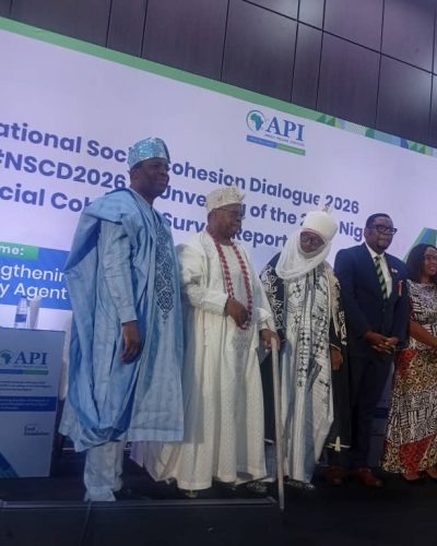 From left to right- Olusoji Adeniyi, His Royal Majesty Emir Oba Samuel Adejemi Adu Alagbado, Muktar Bello Rep. Emir Sanusi, Prof. Bell Ihua, Princess Okpanku-Ojong and Rev.Fr.Emmanuel Unamba at the unveiling of the National Cohesion Survey.