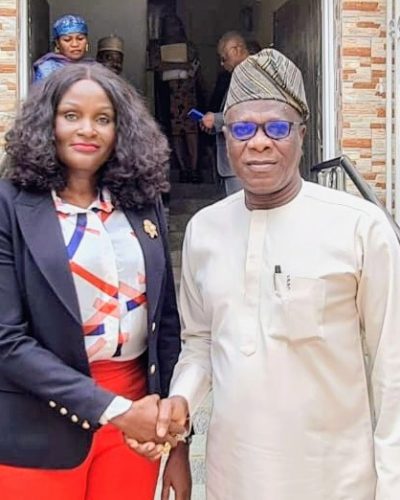 Olusegun Adesayo, MD/CEO NEMSA & CEIF, in a hand shake with Temitope George, MD LASERC @ NEMSA HQTRS in Abuja on Tuesday.