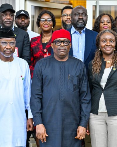 Minister of State for Petroleum Resources (Gas) Ekperikpe Ekpo, Governor of Rivers State, Simi Fubara and the Commission Chief Executive of NUPRC Oritsemeyiwa Eyesan, others, during the visit to Bille Community.