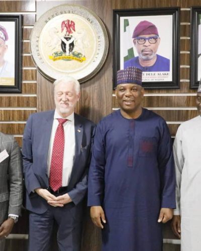 R- L: The Permanent Secretary of the Ministry of Steel Development, Nura Rimi; Minister of Steel Development, Shuaibu Audu; Deputy Ambassador, Embassy of Germany in Nigeria, Johannes Lehne; Head of the German Delegation, Chux Onaa, during the meeting at the Ministry headquarters, Abuja.